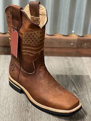 MEN'S SOFT TOE WORK BOOTS AMERICAN FLAG STYLE LEATHER INSIDE SHAFT RUBBER SOLE
