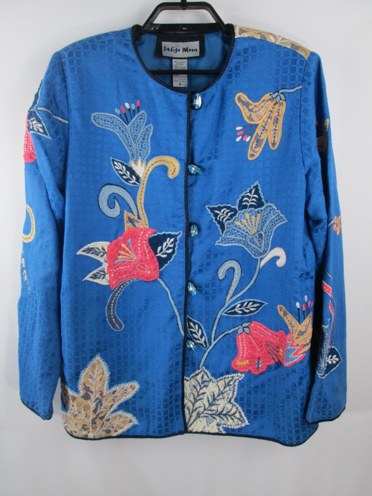 ジャケット・アウター Indigo Moon Embroidery Design Jacket INDIGO MOON Womens S Jacket Art to Wear Cotton Blue Floral