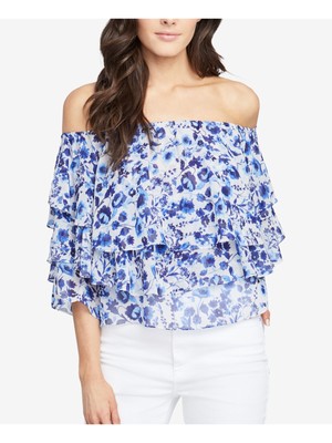 Женский синий многоярусный топ с принтом RACHEL ROY с рукавом 3/4 и открытыми плечами XS