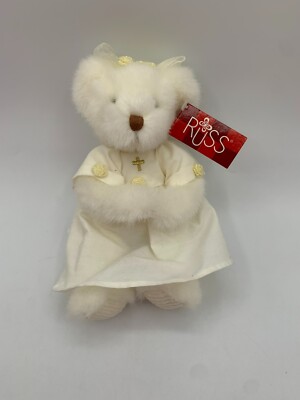 New Holy Mother Mary White Teddy Bear Dress Gold Cross Russ 9'' Plush Tags