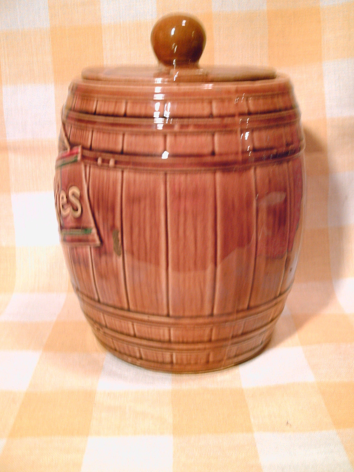 VINTAGE Ceramic Wooden Barrel Style Painted MCCOY? Cookie Jar w/Cover 10