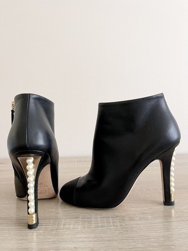 Chanel Black Leather Pearl Heels Ankle Boots Booties Women's