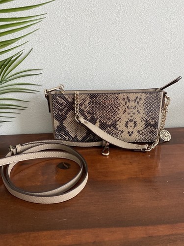 DKNY Faux Python Snakeskin Crossbody Convertible Shoulder Bag Small in Beige