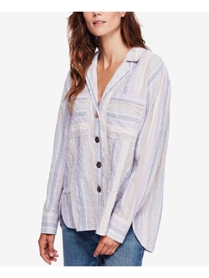 

Женский фиолетовый топ в тонкую полоску с манжетами и воротником на пуговицах FREE PEOPLE