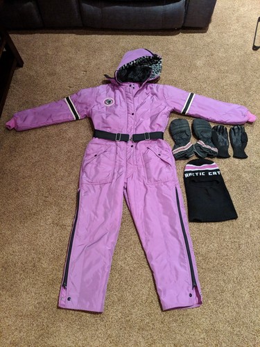 RARE VINTAGE 1970s ARCTIC CAT SNOWMOBILE SUIT WOMENS PURPLE LEOPARD HOOD ARTIC