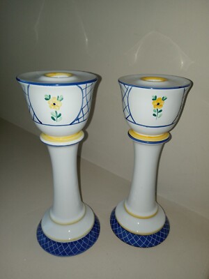 2 EUC Village Pottery Herend Lattice Hill Candlestick Candle Holders 8.5'' 8 3/4''