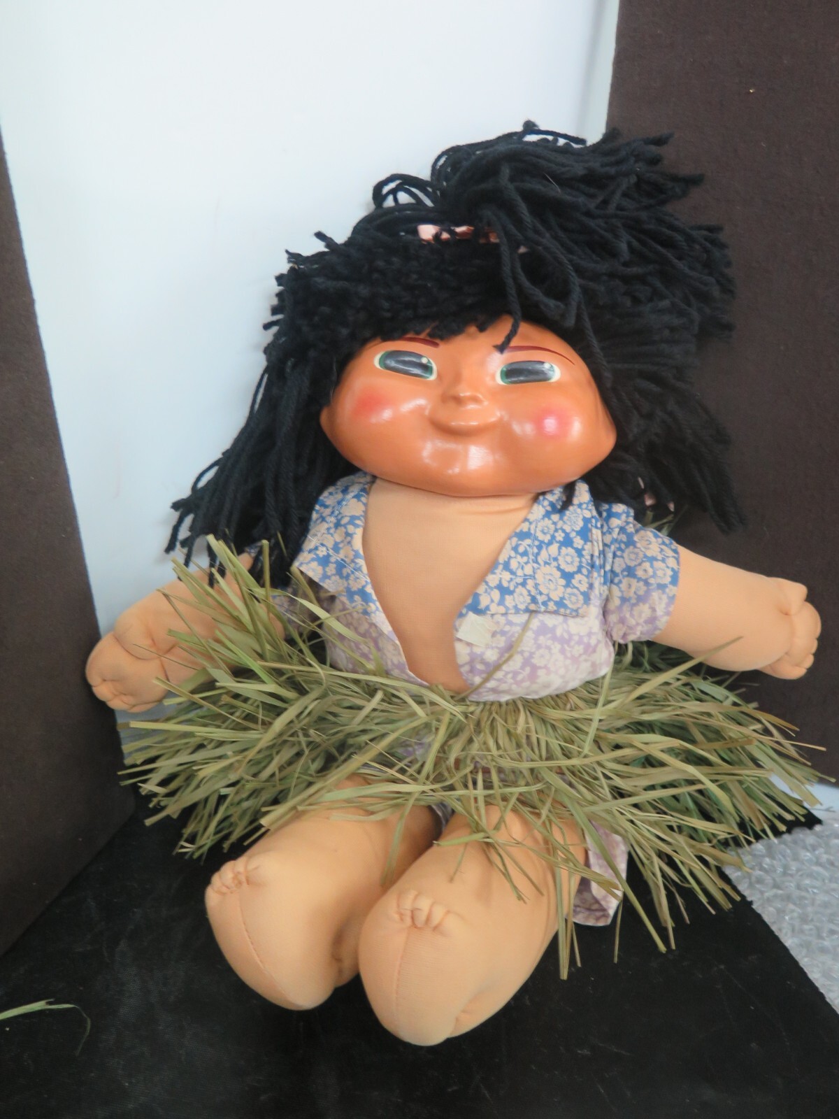 Vintage Made in Hawaii Taro Patch Doll Signed Grass Skirt Dark Hair Hula