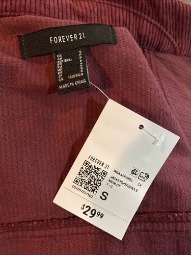 New $29 Tag Forever 21 Burgundy Red Maroon Corduroy Cropped Jacket Size Small S