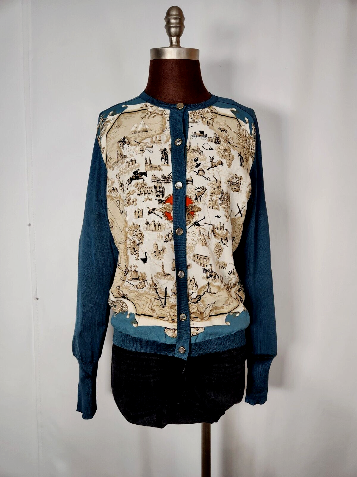 Hermes Paris Silk Panel Cardigan Button Up Sz 40 Turquoise