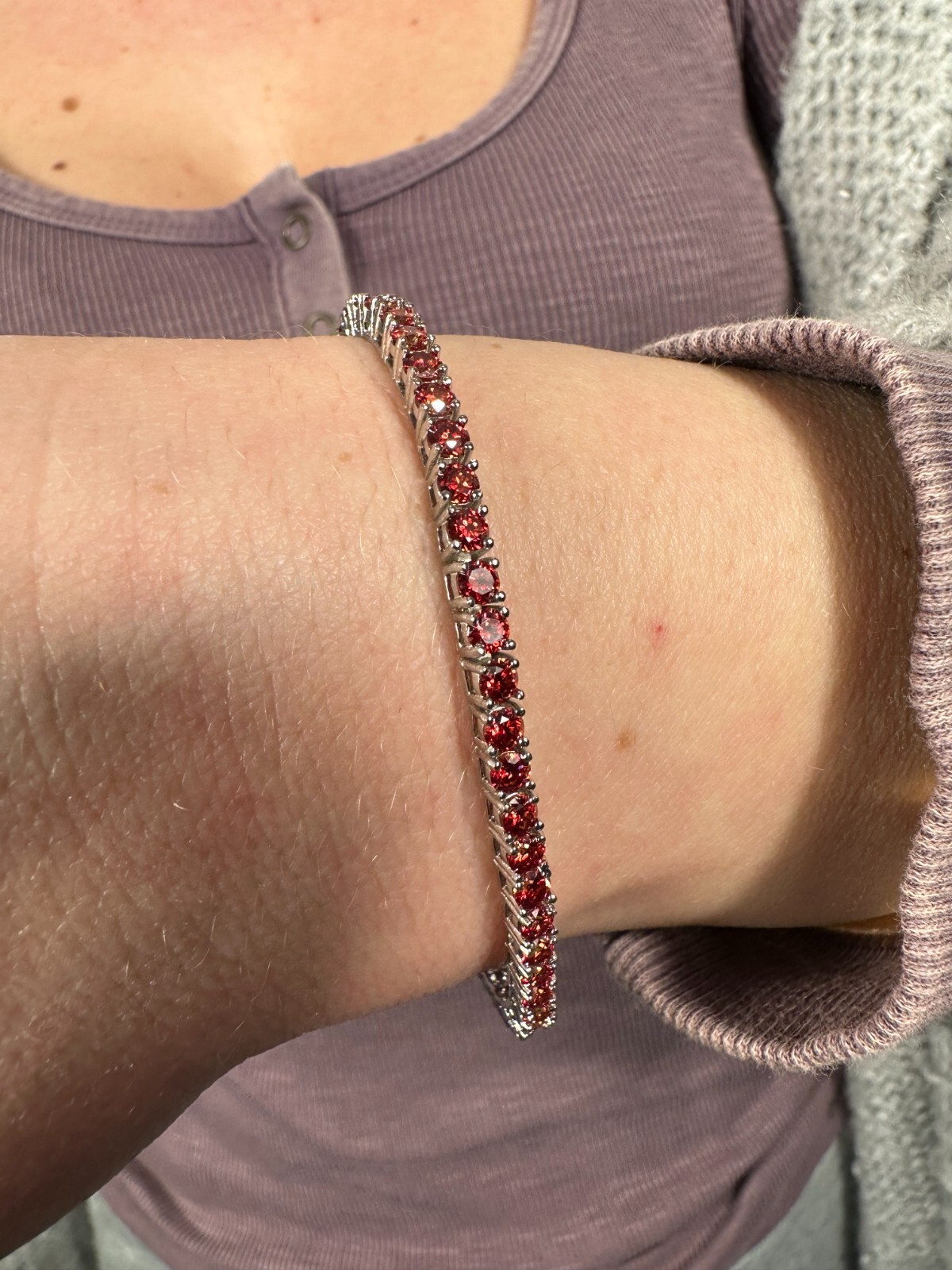 Pre-owned Silver Real Iced Ruby Red Moissanite 3mm Tennis Bracelet 925  Pass Diamond Test