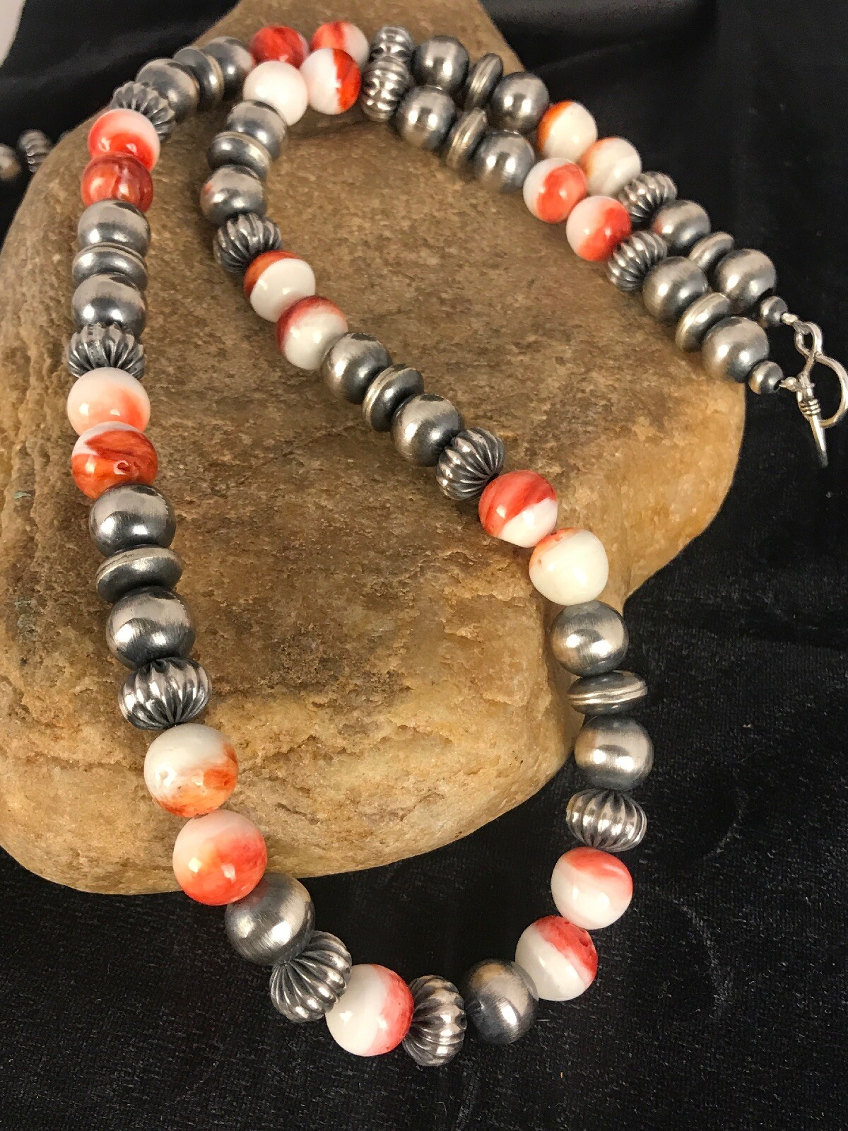 Pre-owned Handmade Spiny Oyster Navajo Sterling Silver Beads Necklace 21” 8533 In Orange