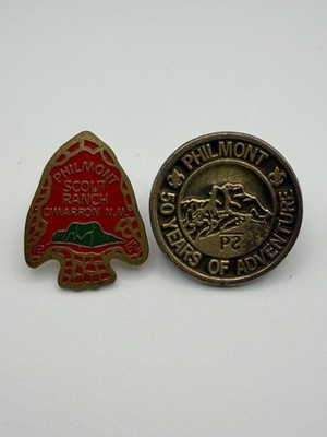 BSA 2 Philmont Neckerchief Slides Gold Tone Arrowhead & 50 Years of Adv. SS-616