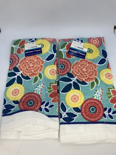 2 Matching True Living Floral Print Kitchen Towels 14" x 24"