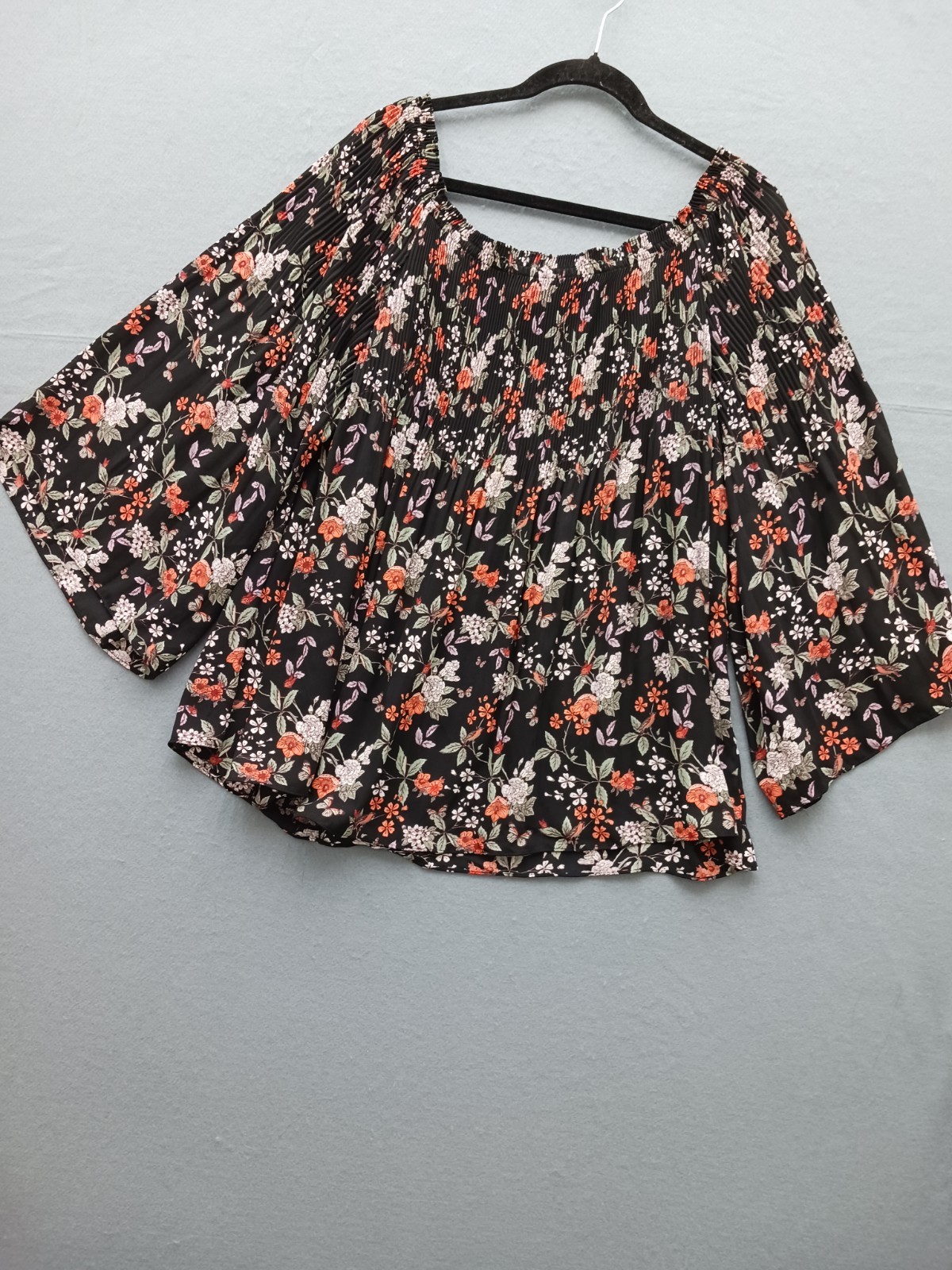 Max Studio Women's Blouse Size XL Black Multi Floral Off-Shoulder 3/4 Sleeve