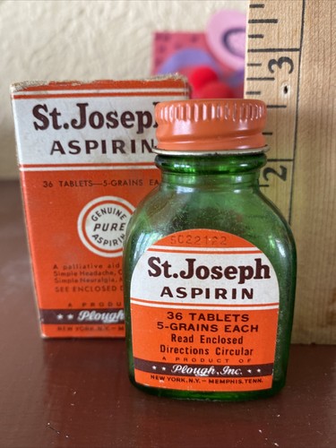St Joseph Green Aspirin Jar Medicine Bottle 2.5” Vintage Apothecary w/ Box