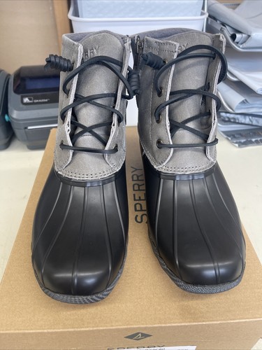 PICK SIZE - Sperry Women's Saltwater BLACK / GREY Leather Duck Boot Booties