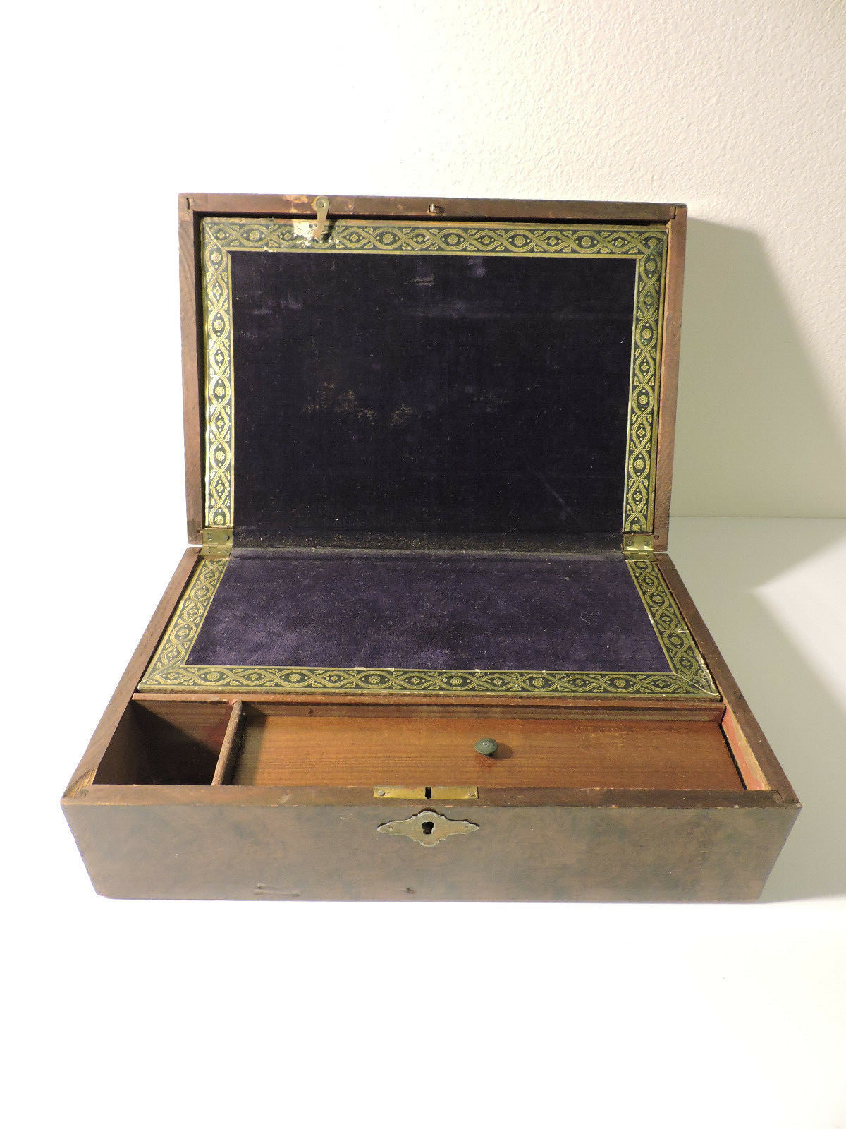 Vintage Ladies lap desk Wooden with Victorian scene on top brass latches 1900s