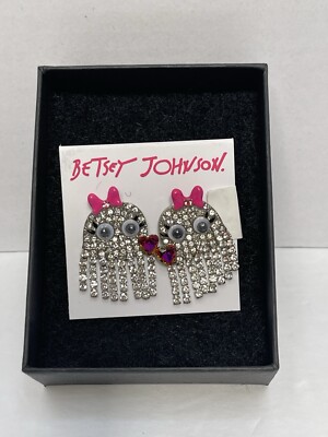 BETSEY JOHNSON GHOST Earings  Rhinestones Crystal Heart & Bow NEW