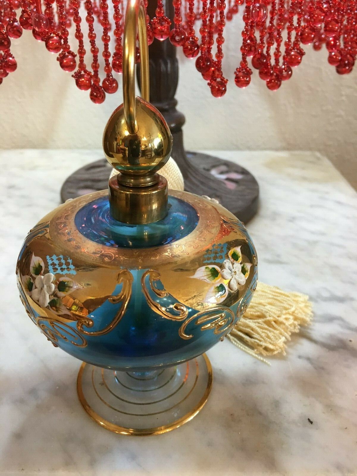 Victorian Blue Atomizer Perfume Bottle White,Green,Gold Enamel Flowers 6.5