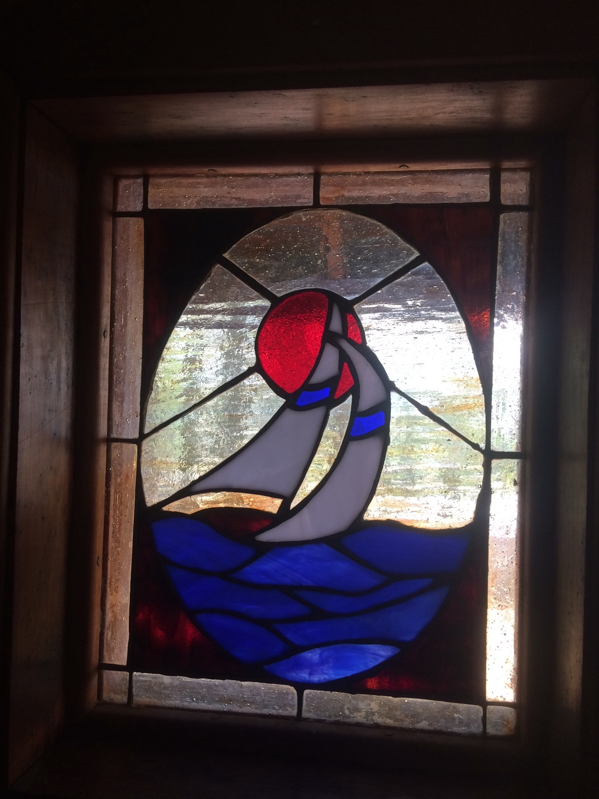 Custom Vintage Antique Stained Glass Sailboat Window, Blue, White, Red / Orange