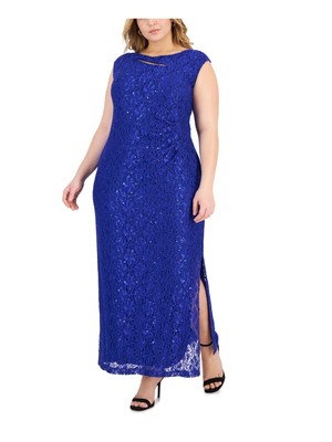 CONNECTED APPAREL Womens Blue Lined Cap Sleeve Maxi Fit + Flare Dress Plus 24W