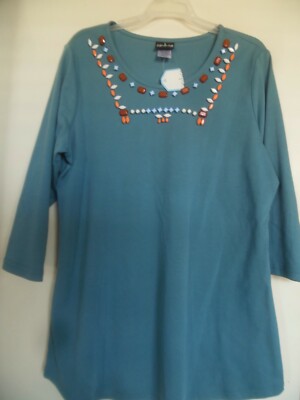 CG-I CG  Women  Teal V Neck  Beaded top Shirt Tunic Sz 1XL