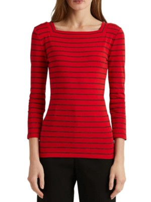 

RALPH LAUREN Женский красный топ в полоску с рукавами 3/4 и квадратным вырезом