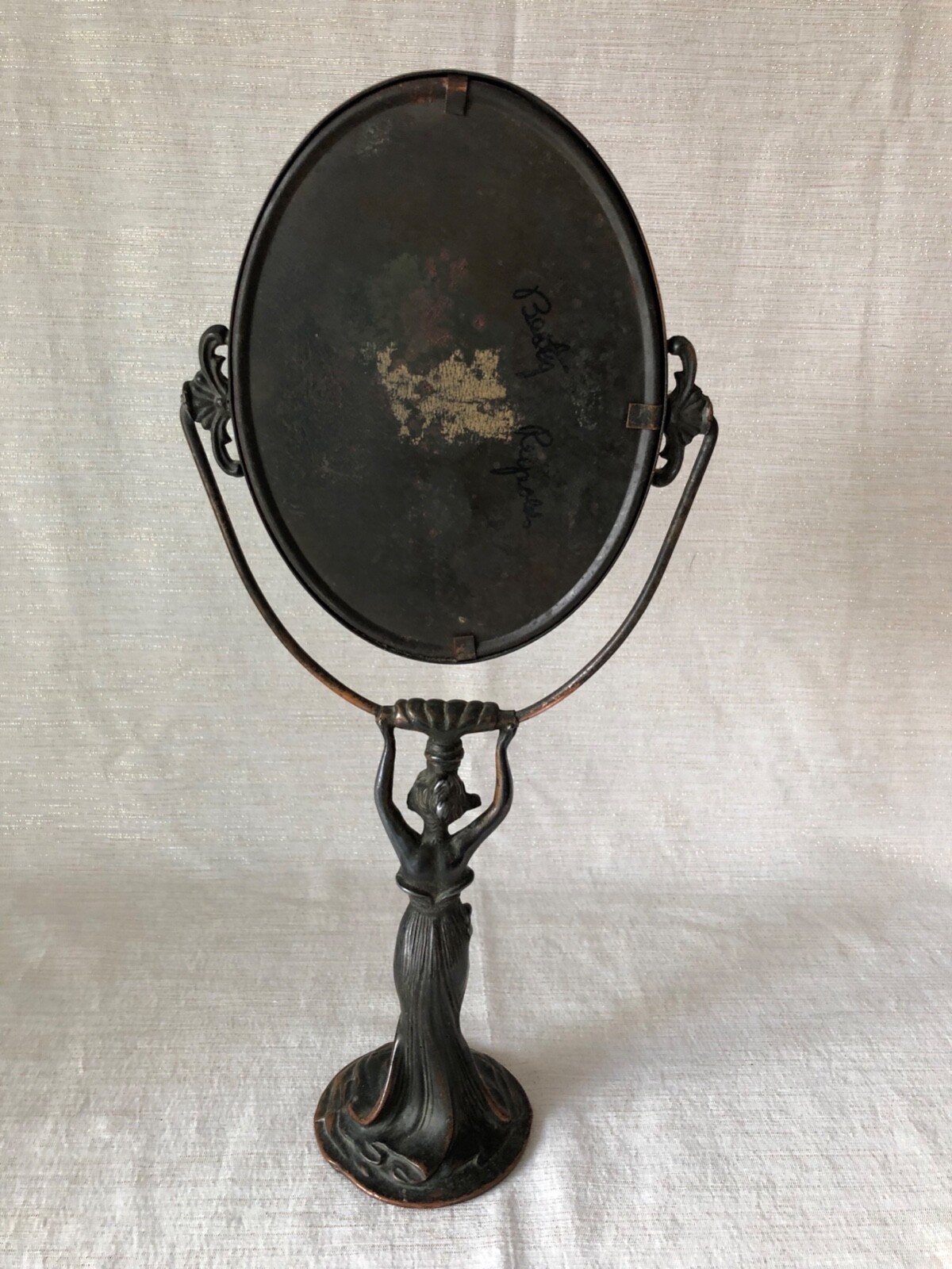 Antique Vintage Art Deco Vanity Table Mirror - Woman Holding Beveled Edge Mirror