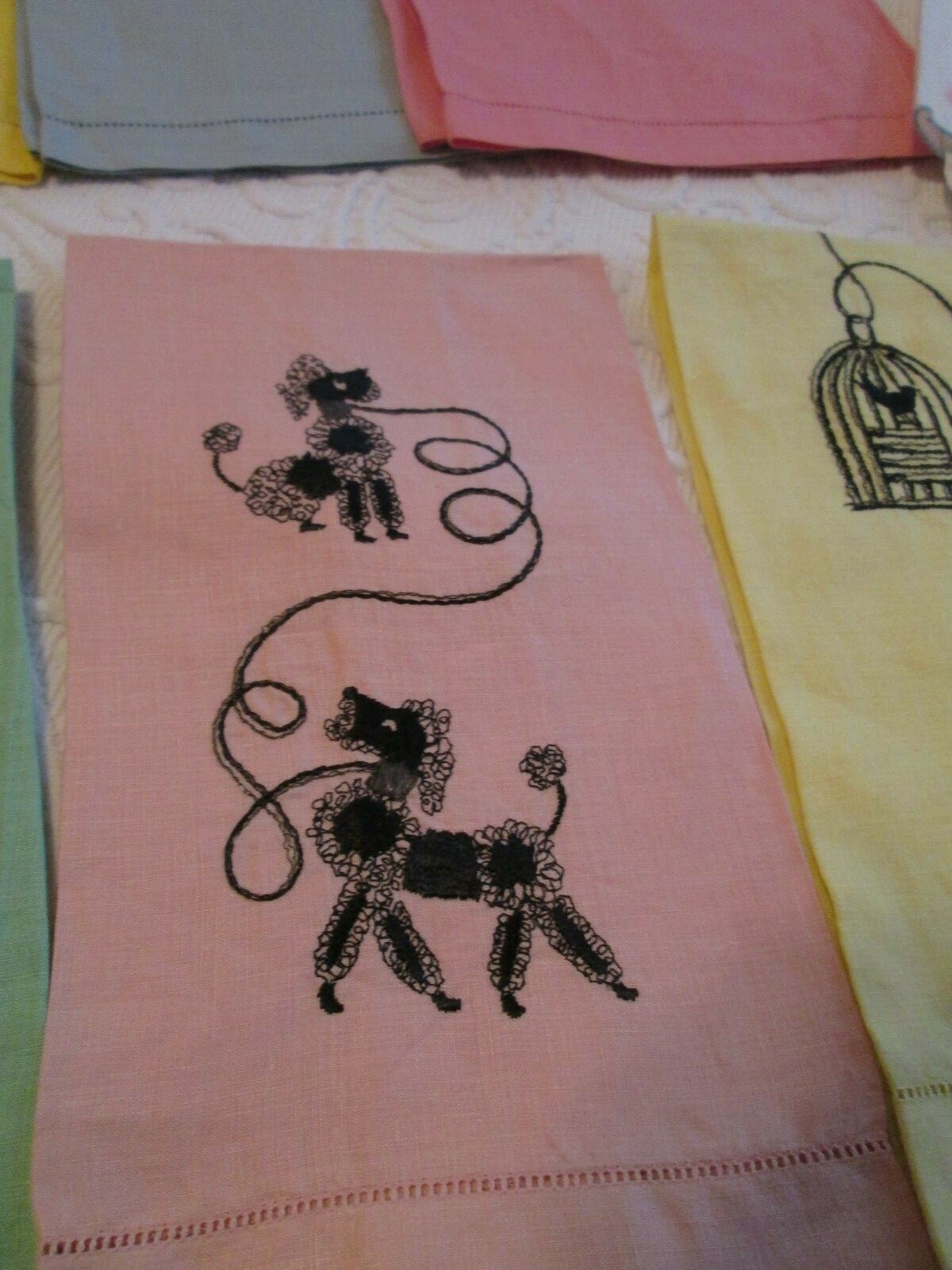 Lot 10 Vintage Show Towels Poodle Birds Cage Embroidery Applique Finger Tip