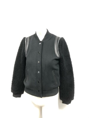 UGG Women's Wool Bomber Jacket Black Sheepskin 1018755 Leather Trim
