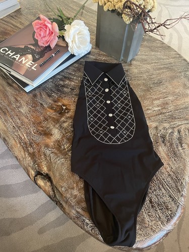 Chanel 23C Black Crystal Collar CC Logo One Piece Swimsuit Chanel 23C Black Crystal Collar CC Logo One Piece Swimsuit