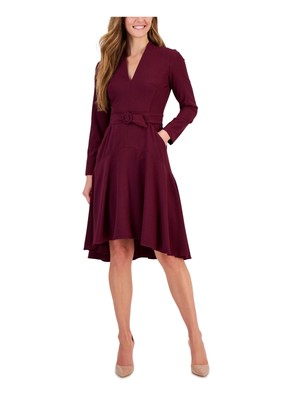 TAYLOR Womens Burgundy Belted Asymmetrical Hem Long Sleeve Fit + Flare Dress 12