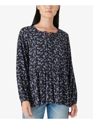 

LUCKY BRAND Женский черный прозрачный топ на шнуровке с баской и длинными рукавами с v-образным вырезом  XS