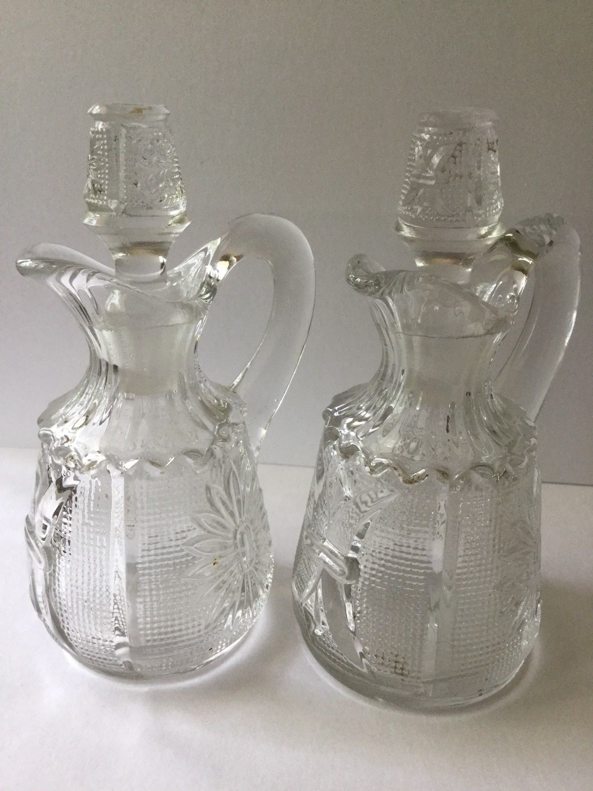Pair of 20th Century Small Pitchers w/ Stoppers, Decorative Pressed Glass