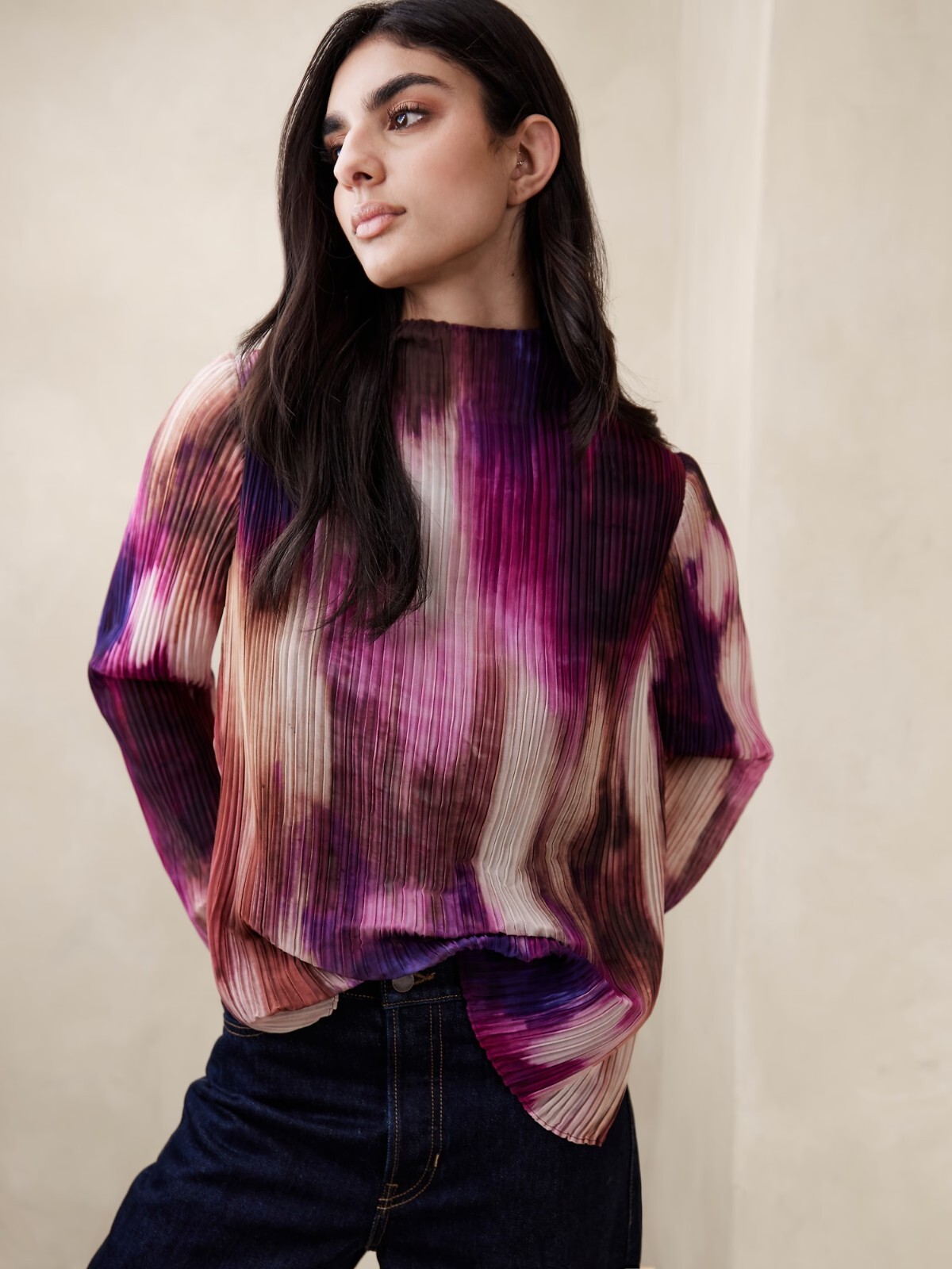 NWT Banana Republic BLANCHE PLEATED TOP, PURPLE PRINT SIZE S