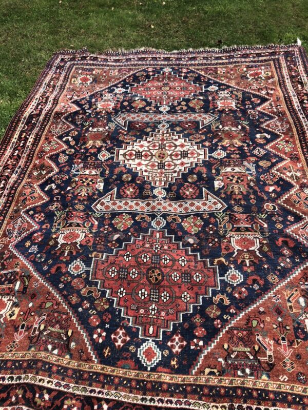 Large antique oriental hand knotted rug worn distressed Red Color