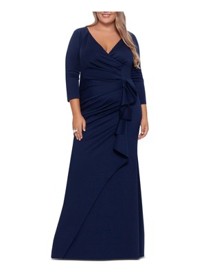 XSCAPE Womens Navy Lined 3/4 Sleeve Full-Length Evening Sheath Dress Plus 18W