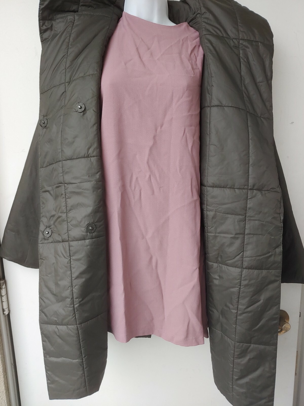 Pre-owned Eileen Fisher Eggshell Nylon Shawl Hoodie Dble-breasted Puffer Coat Woodland L In White
