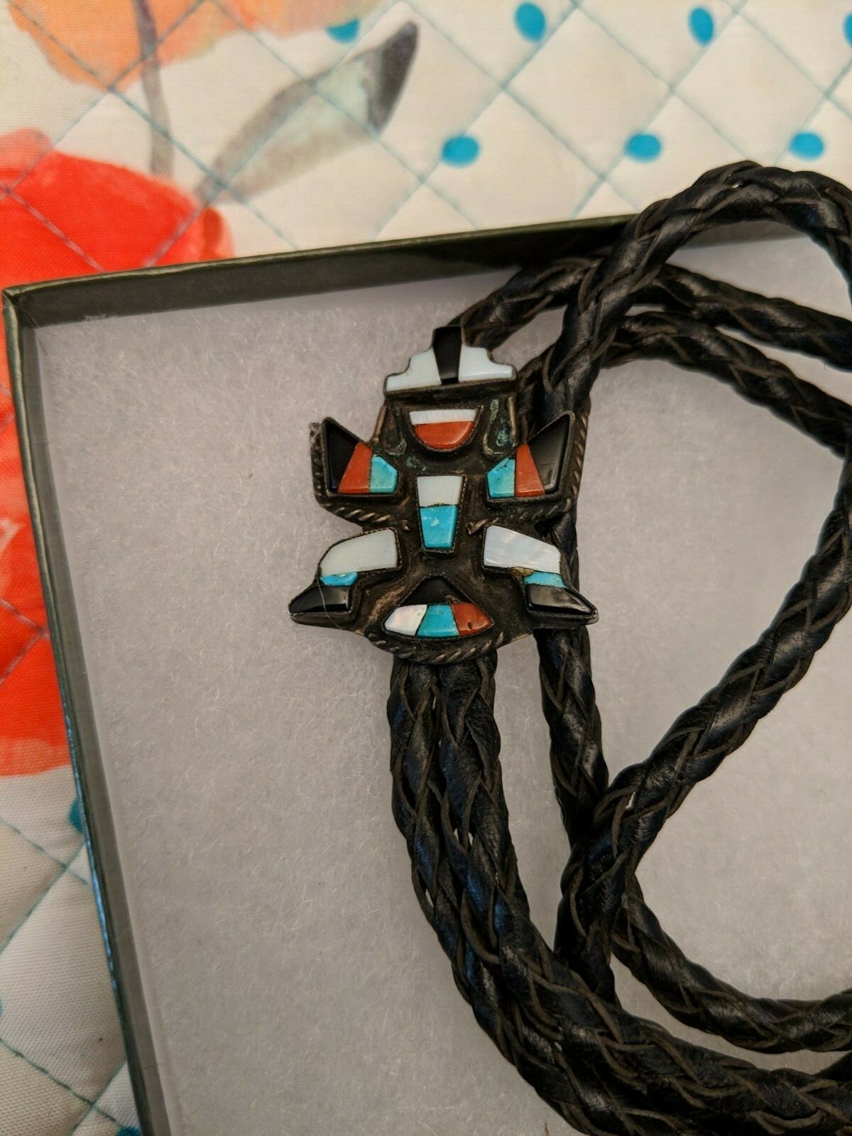 STERLING SILVER AMERICAN MADE BOLO TIE, TURQUOISE, MULTI STONES