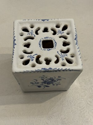 Vintage Leart Blue & White Flower Frog Box Scroll Work Top Porcelain Portugal