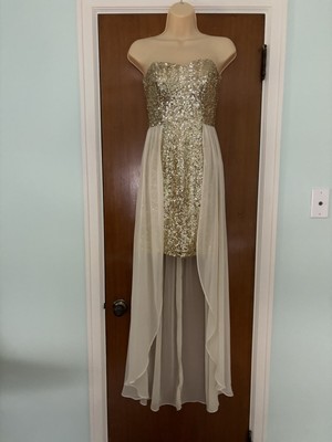 Gorgeous metallic gold strapless hi low dress with cream chiffon skirt sz XS
