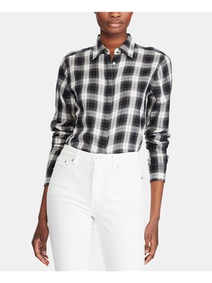 

RALPH LAUREN Женский черный клетчатый топ с манжетами и воротником на пуговицах, размер