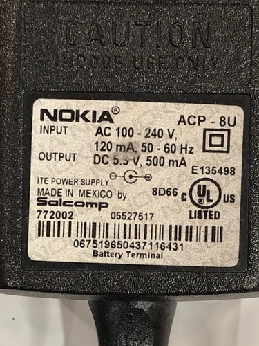 Nokia ACP-8U AC Power Supply Adapter Travel Charger 5.3VDC 500mA