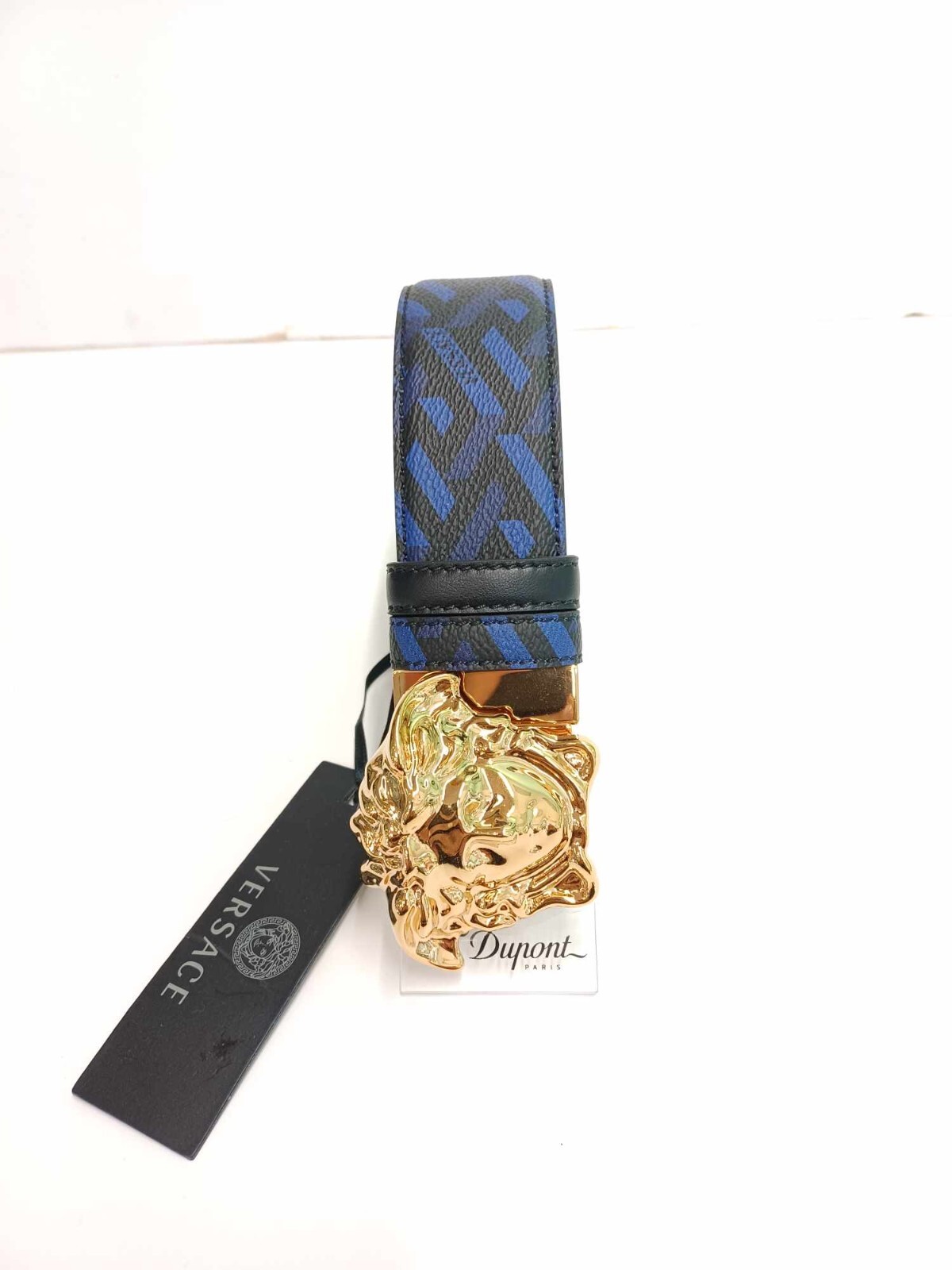 Pre-owned Versace Reversable Black And Blue Leather With Gold Buckle Belt