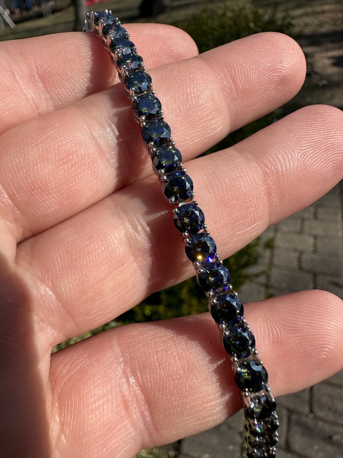 Pre-owned Silver Real Iced Dark Blue Moissanite 5mm Tennis Bracelet 925  Pass Diamond Test