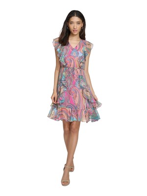 TOMMY HILFIGER Womens Pink Lined Belted Flutter Sleeve Fit + Flare Dress 16