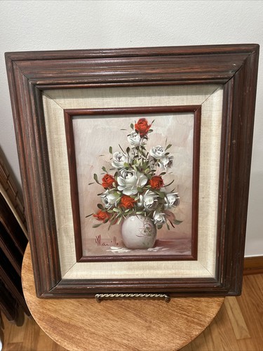 Artist signed Vintage Painting on Canvas “ Red and White Roses "Still Life Frame
