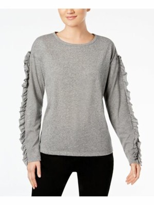 

INC Женский серый топ с рюшами на рукавах и длинными рукавами Jewel Neck