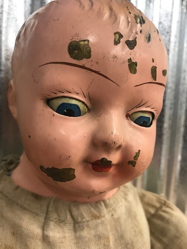 Antique Painted Brass (Metal) Doll Head Creepy Steampunk Art