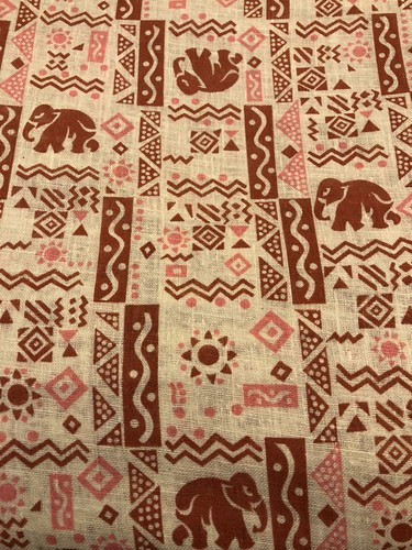 Vintage 50s Elephant Tribal Print Pink Brown Cotton Woven Fabric 6yds x 44